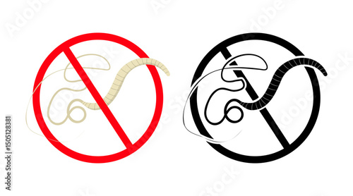 Whipworm trichuriasis crossed out by red prohibition sign, parasite, medicine