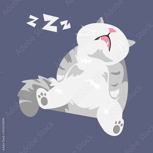 Adorable snoring silver cat sleeping in weird sitting position, mouth open. Isolated background. Cartoon vector illustration.