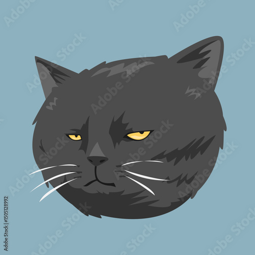 Funny tired chubby black cat close-up, sleepy look. Perfect for sticker, avatar, and more. Isolated background. Cartoon vector illustration.