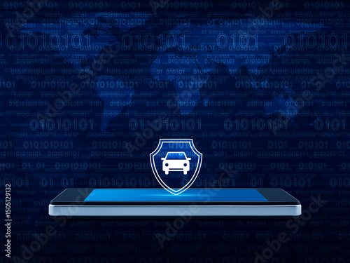 Fototapeta Naklejka Na Ścianę i Meble -  Car with shield icon on modern smart mobile phone screen over world map and computer binary code blue background, Business automobile insurance online concept, Elements of this image furnished by NASA