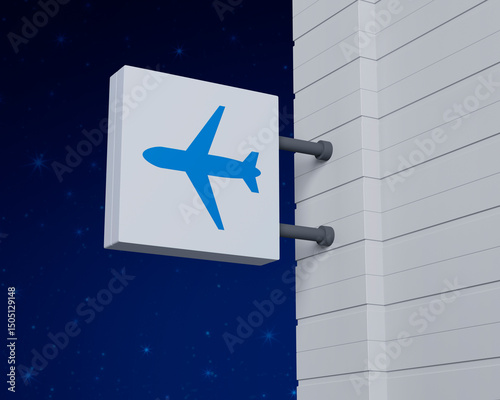 Airplane icon on hanging white square signboard over fantasy night sky, Business transportation service concept, 3D rendering