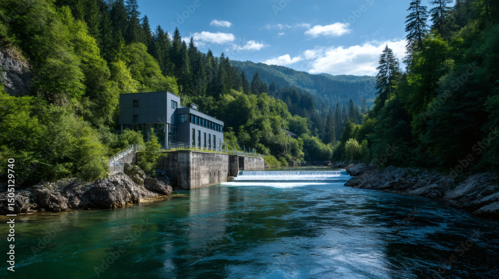 Fototapeta premium A modern hydroelectric power station sits by a clear river, surrounded by dense green forest and mountains under a bright blue sky.