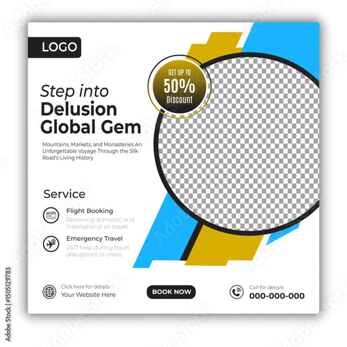 Travel and tour social media posts and web banner square design template