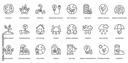 Ecology And Energy icon set. Containing ecology, environment, recycle, renewable energy, eco friendly, green energy, conservation. Outline style