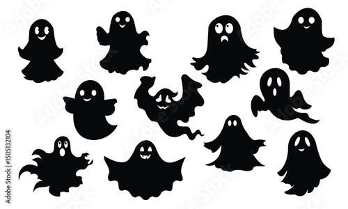 Halloween ghost and monster set with seamless pumpkin pattern and cute animal silhouettes