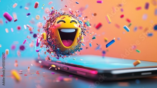 A laughing emoji with confetti above a smartphone screen on a colorful gradient background scene art