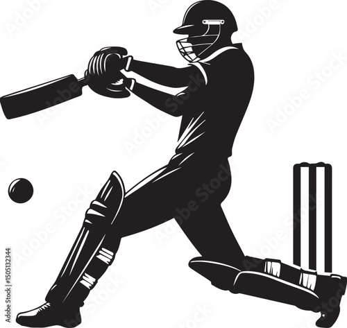 Cricket Batsman Silhouette Vector in Action Pose – Black and White Sports Art