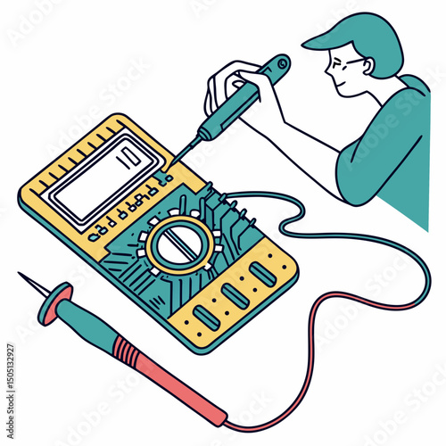 Vector illustration of technician using multimeter on a motherboard, isolated on transparent background