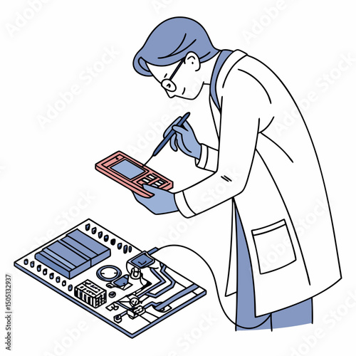 Vector illustration of technician using multimeter on a motherboard, isolated on transparent background