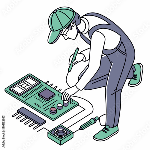 Vector illustration of technician using multimeter on a motherboard, isolated on transparent background