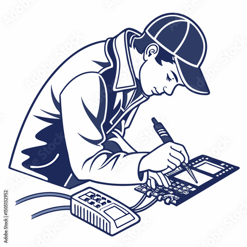 Vector illustration of technician using multimeter on a motherboard, isolated on transparent background