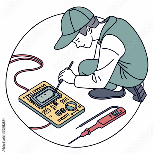 Vector illustration of technician using multimeter on a motherboard, isolated on transparent background