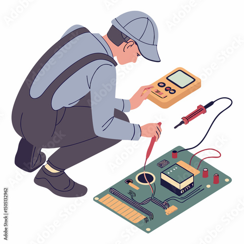Vector illustration of technician using multimeter on a motherboard, isolated on transparent background