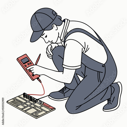 Vector illustration of technician using multimeter on a motherboard, isolated on transparent background