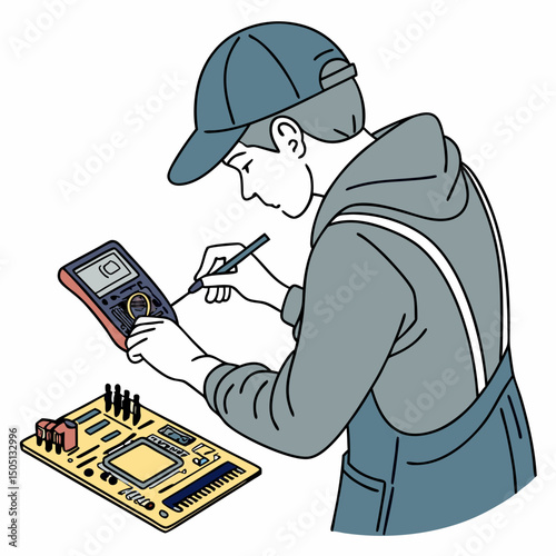 Vector illustration of technician using multimeter on a motherboard, isolated on transparent background
