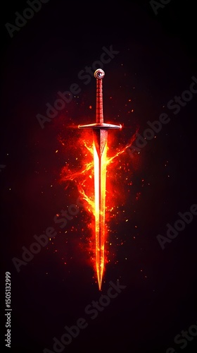 A fiery, bladed weapon, engulfed in intense orange and red flames against a dark backdrop, exuding power and heat
