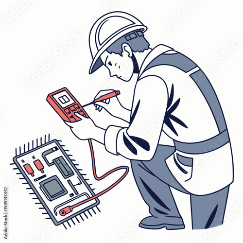 Vector illustration of technician using multimeter on a motherboard, isolated on transparent background