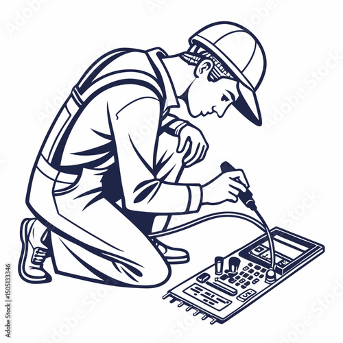 Vector illustration of technician using multimeter on a motherboard, isolated on transparent background
