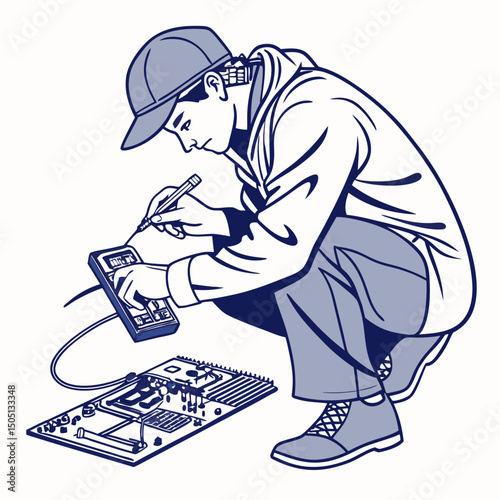 Vector illustration of technician using multimeter on a motherboard, isolated on transparent background