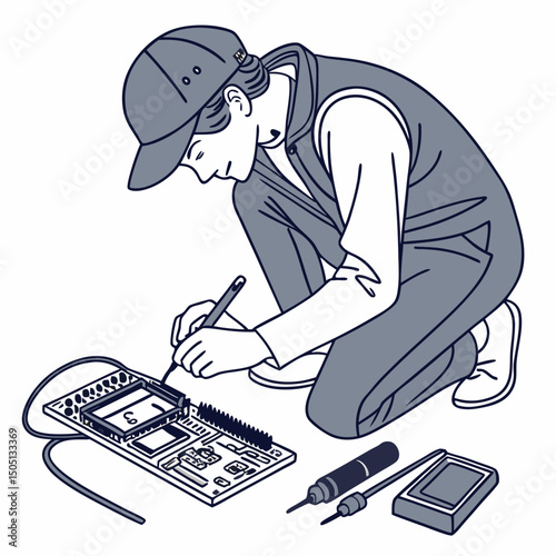 Vector illustration of technician using multimeter on a motherboard, isolated on transparent background