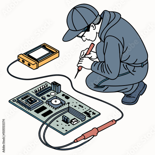 Vector illustration of technician using multimeter on a motherboard, isolated on transparent background