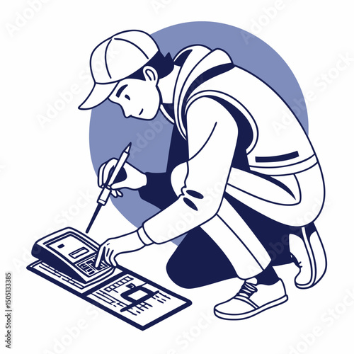 Vector illustration of technician using multimeter on a motherboard, isolated on transparent background