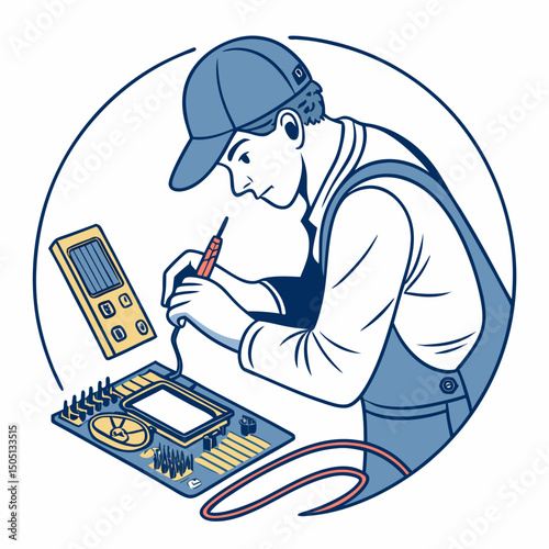 Vector illustration of technician using multimeter on a motherboard, isolated on transparent background