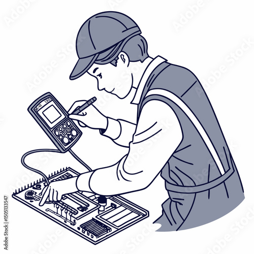 Vector illustration of technician using multimeter on a motherboard, isolated on transparent background