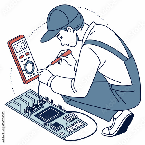 Vector illustration of technician using multimeter on a motherboard, isolated on transparent background