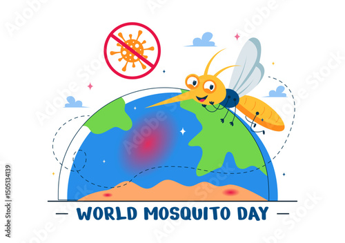 World Mosquito Day Vector Illustration on August 20th, featuring the Earth and a Midge that Can Cause Dengue Fever and Malaria in a Flat Background