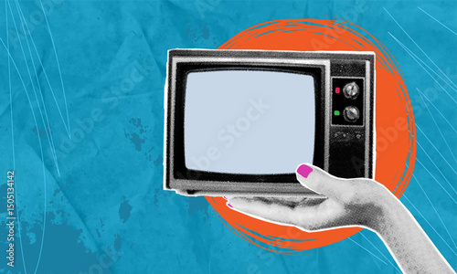 Trendy art collage, TV in hand on blue background with copy space. Concept of news and advertising.
