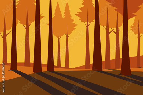 Sunset forest path with tall trees casting shadows and warm golden light