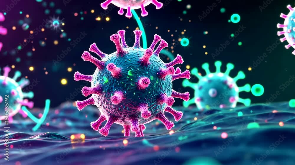 3D Render of Virus Particles Floating in Microbiological Environment