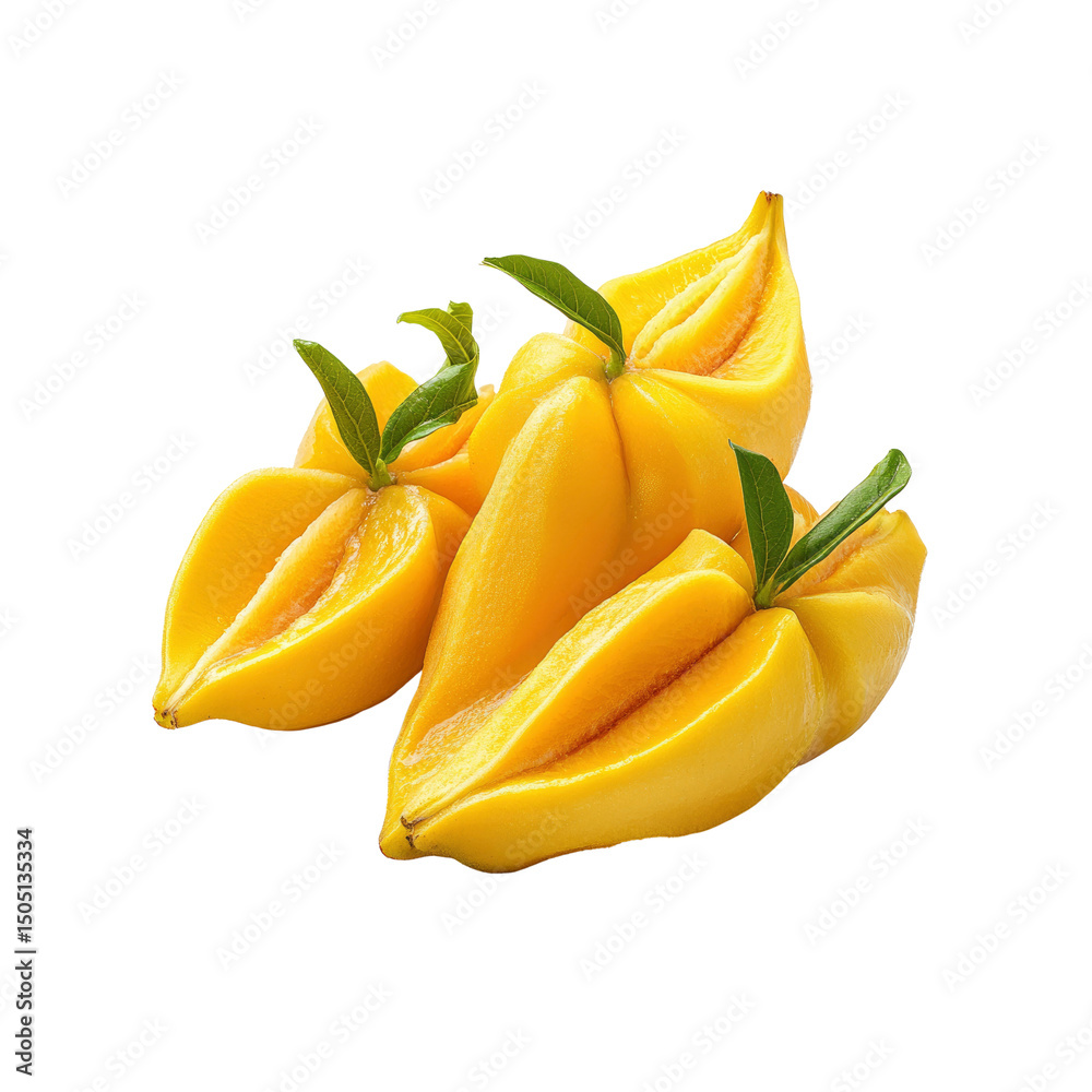 Fresh Juicy Star Fruits with Green Leaves on Transparent Background Fresh Juicy Star Fruits with Green Leaves on Transparent Background