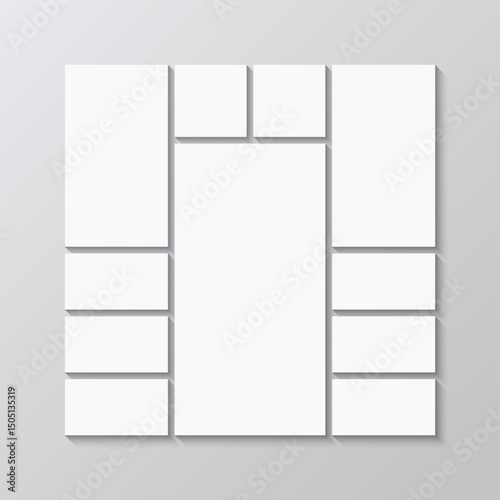 Portfolio images mockup. Mosaic picture frame. Gallery banner. Scrapbook brandboard template. Photo collage square layout. Mood board background. Album moodboard grid. Vector illustration
