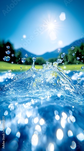 Vibrant water splash against sunlit, idyllic landscape;  sparkling water droplets and bokeh effects