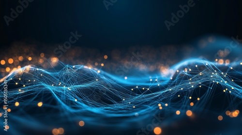 Abstract blue network with glowing nodes and blurred lights on a dark background is displayed here