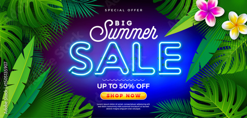 Summer Sale Design with Flower and Glowing Neon Light on Fluorescent Tropic Leaves Background. Tropical Floral Vector Illustration with Special Offer Typography for Coupon, Voucher, Banner, Flyer