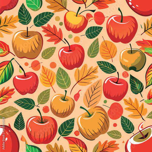 Autumn apples and leaves seamless pattern.