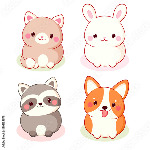 Set of cute cartoon pets. Baby collection of avatar with racoon, cat, bunny, puppy. Sweet set of baby animals. Can be used for t-shirt print, stickers, greeting card design. Vector illustration EPS8