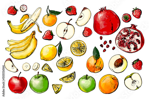 Vector drawing fruits, black line, color. Food illustration. Banana, apples, strawberry, peach, pomegranate.