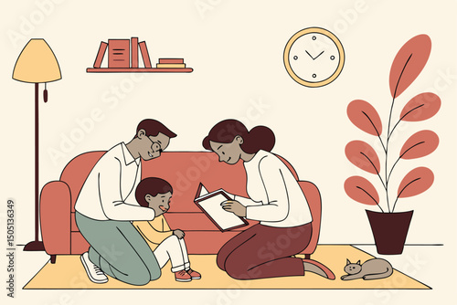 Happy Family  Reading Book With Children Indoors – Cozy Home Moments, Parenting, and Early Childhood Education Vector Illustration