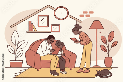 Happy Family  Reading Book With Children Indoors – Cozy Home Moments, Parenting, and Early Childhood Education Vector Illustration