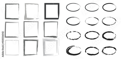 Brush Stroke Frames Vector Set: Square & Oval Artistic Borders.