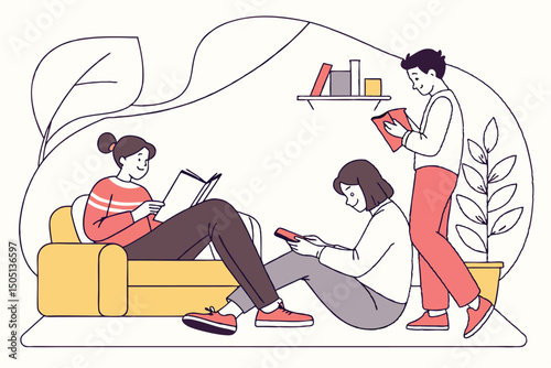Happy Family  Reading Book With Children Indoors – Cozy Home Moments, Parenting, and Early Childhood Education Vector Illustration