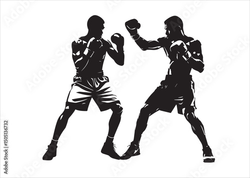 Two Boxers in Fighting Stance - Dynamic Black and White Silhouette Illustration