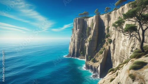 Idyllic Cliffside Landscape with Azure Sea and Towering Rock Formations Scenic View