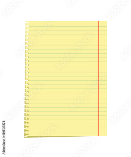Yellow legal pad page with ruled lines, red margin line and spiral notebook holes on white background. Stationery template for notes, office, or school use. Realistic vector illustration.
