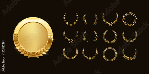 Gold award medals with laurel wreath. 3d golden metal winner emblem. Round button, stamp, frame, seal, badge, prize, trophy design element. Vector illustrations set isolated on black.