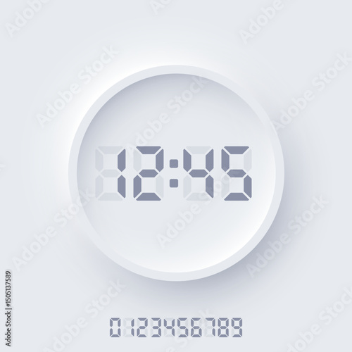 Digital clock display in neomorphism style. Electronic watch with hours and minutes and set of all digits. Minimalist modern UI design with soft shadows. Vector illustration.